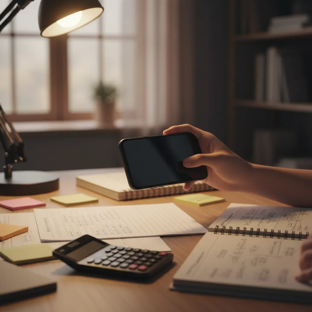 Student using a phone to scan homework while studying with notebooks and a laptop