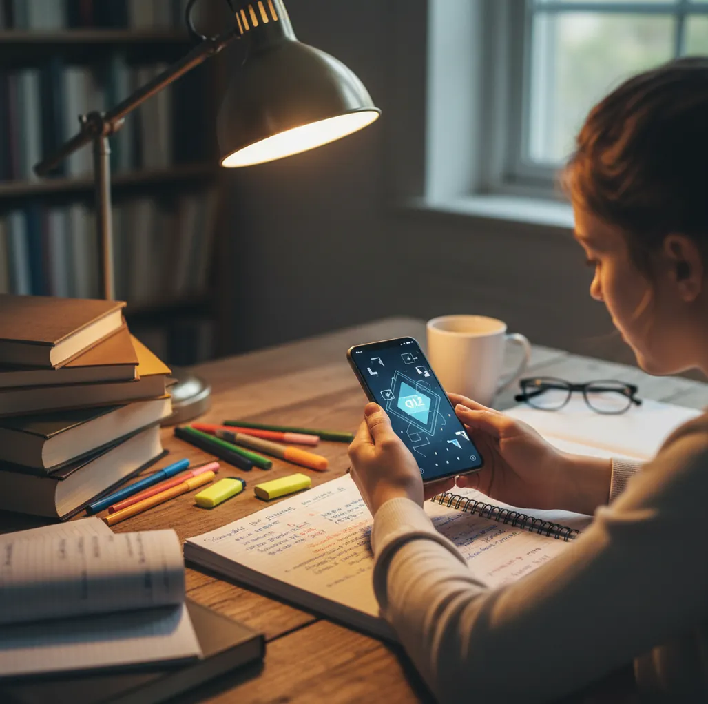 Student using a phone to generate a practice quiz from class notes