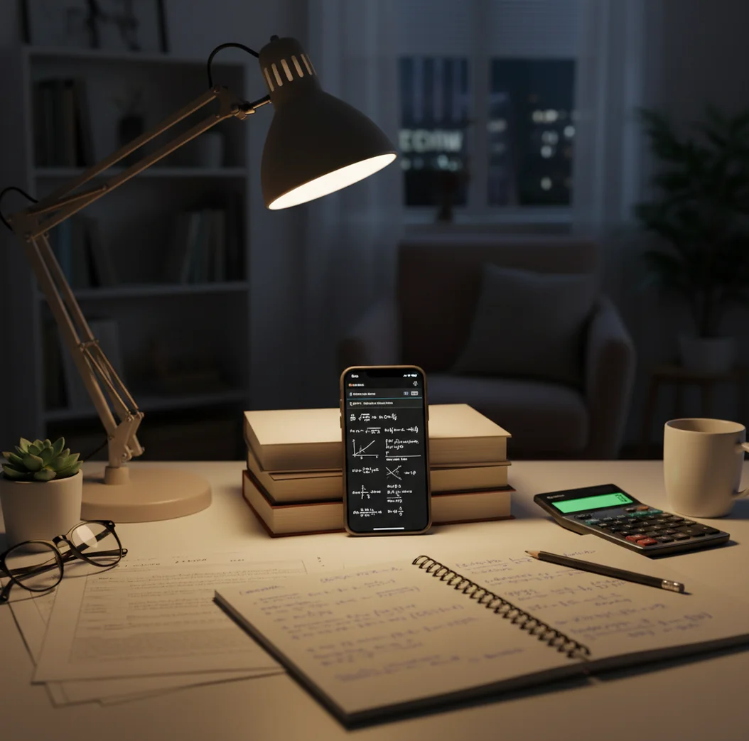 Student checking a solved math problem on phone beside notebook and calculator