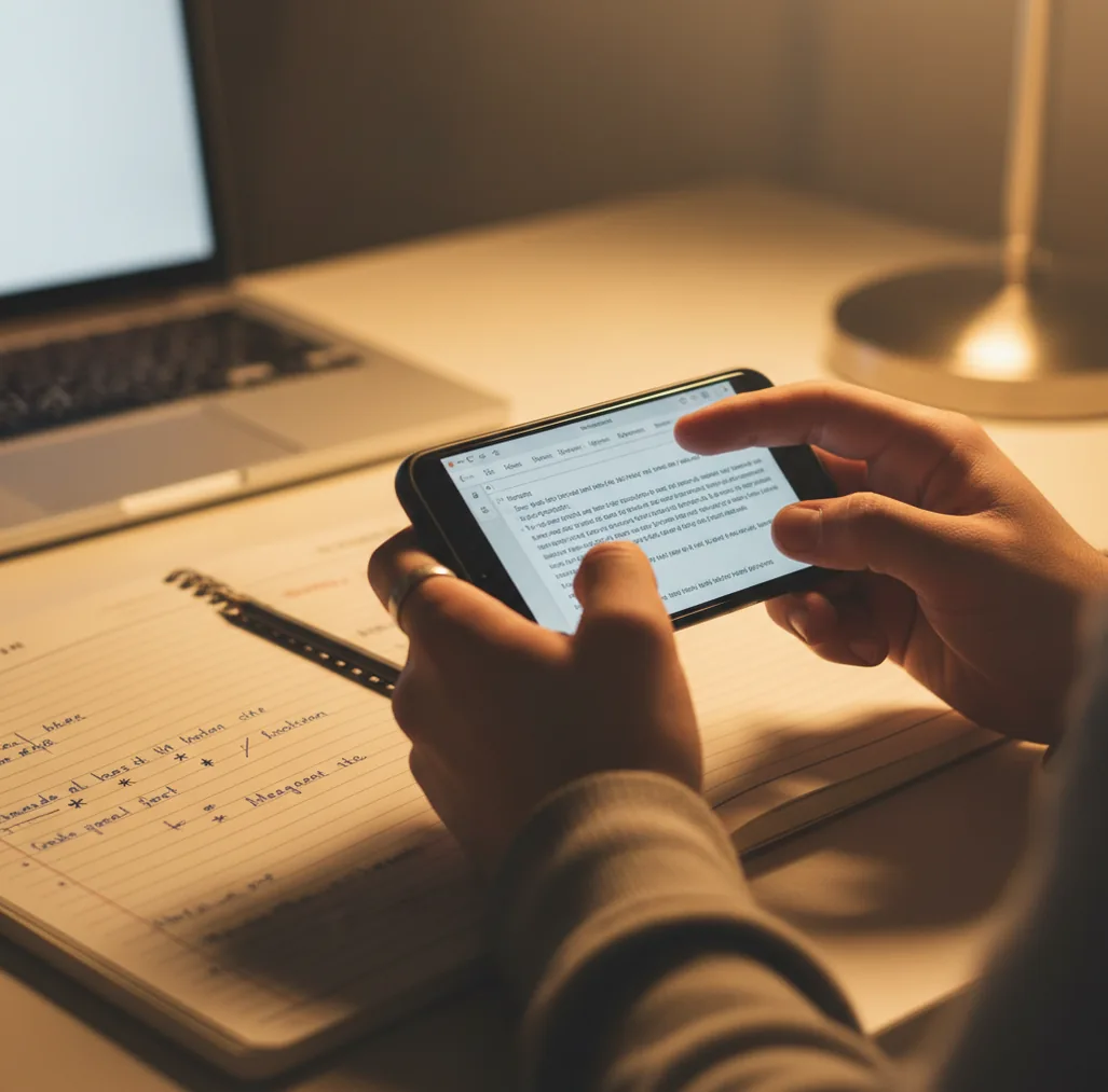 Student revising an essay draft on a phone beside notebooks and a laptop