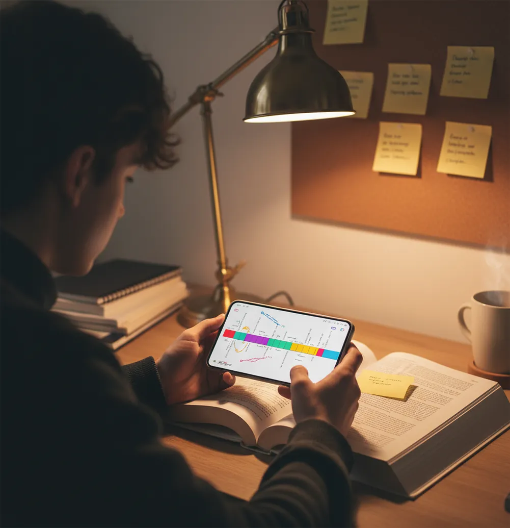 Student reviewing a history timeline on a phone beside notebook and textbook