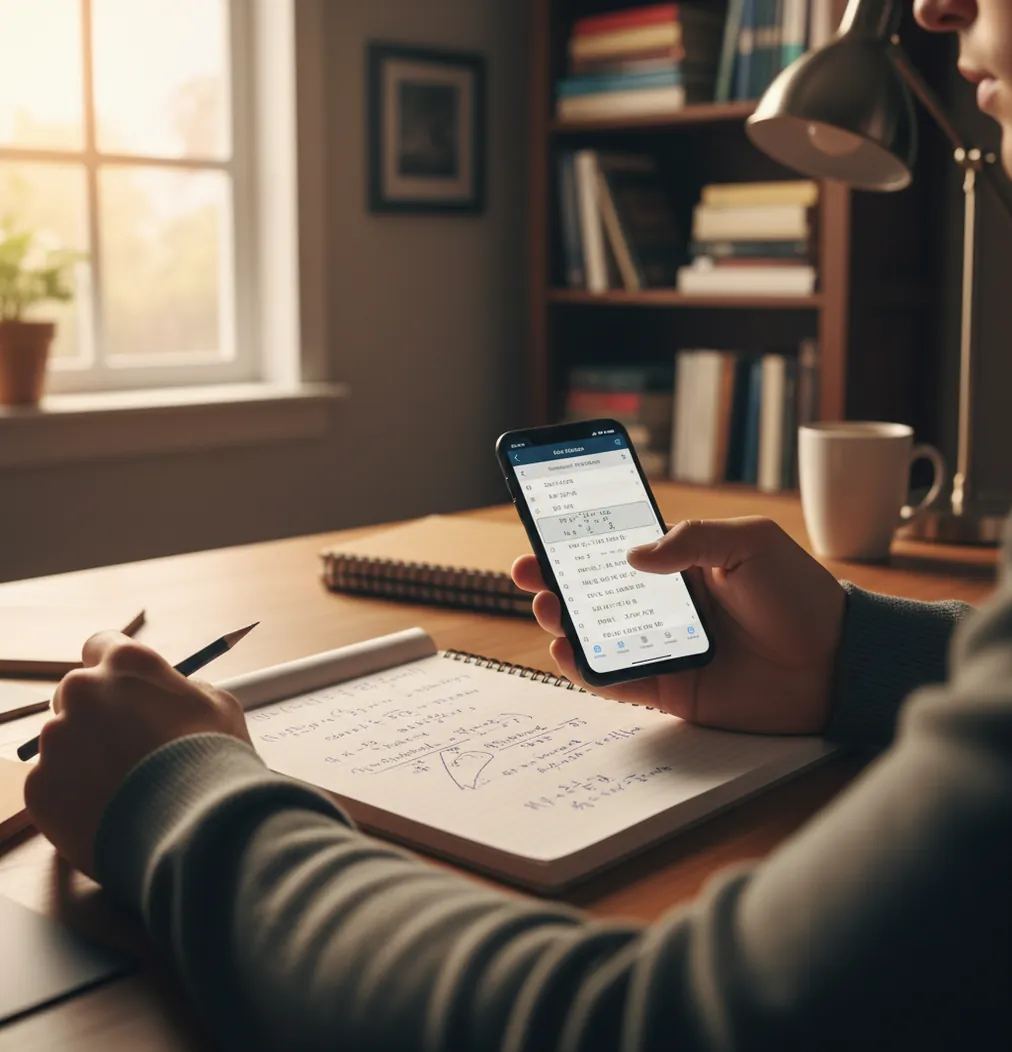 Student checking a matrix solution on a phone beside a notebook of row operations