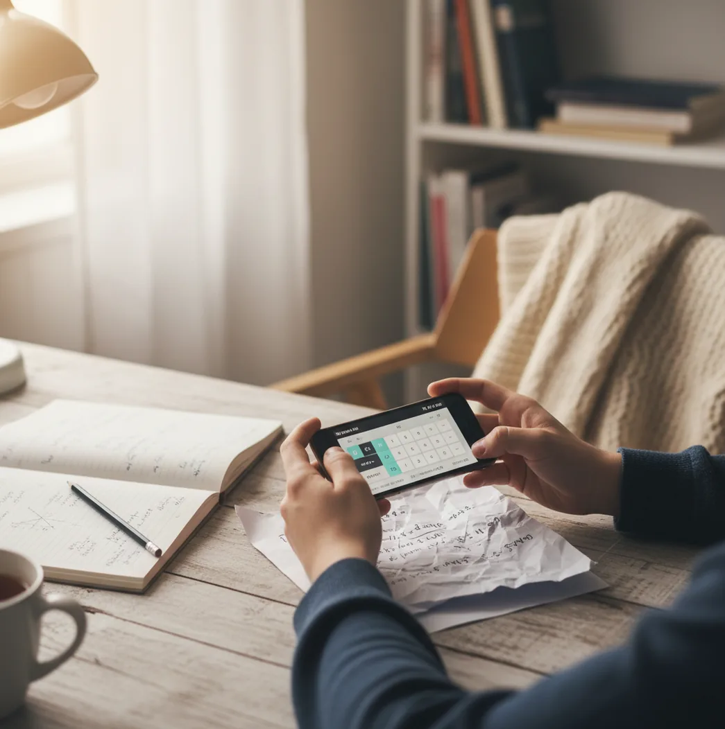 Student photographing a word problem worksheet beside a notebook and calculator on a desk