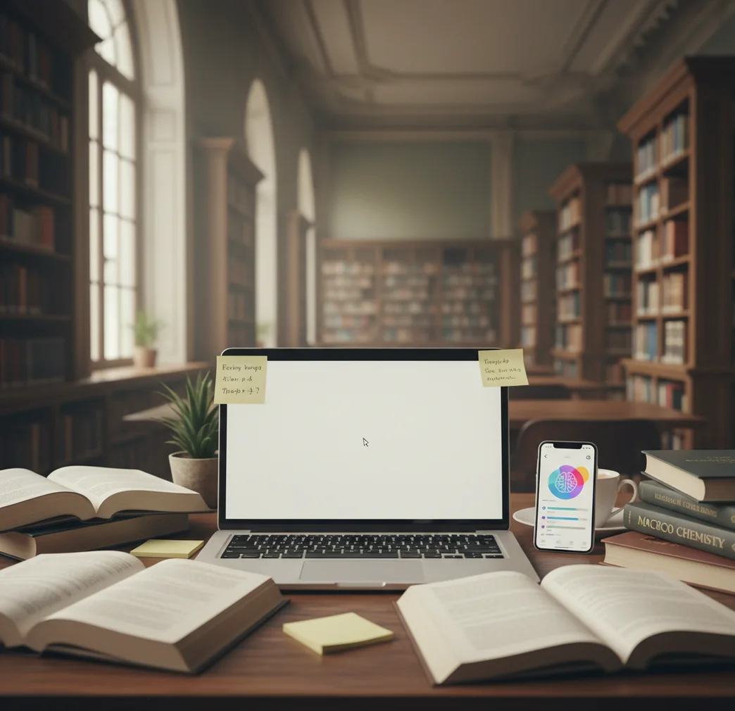 Student organizing assignments and studying with a phone and laptop in a quiet library