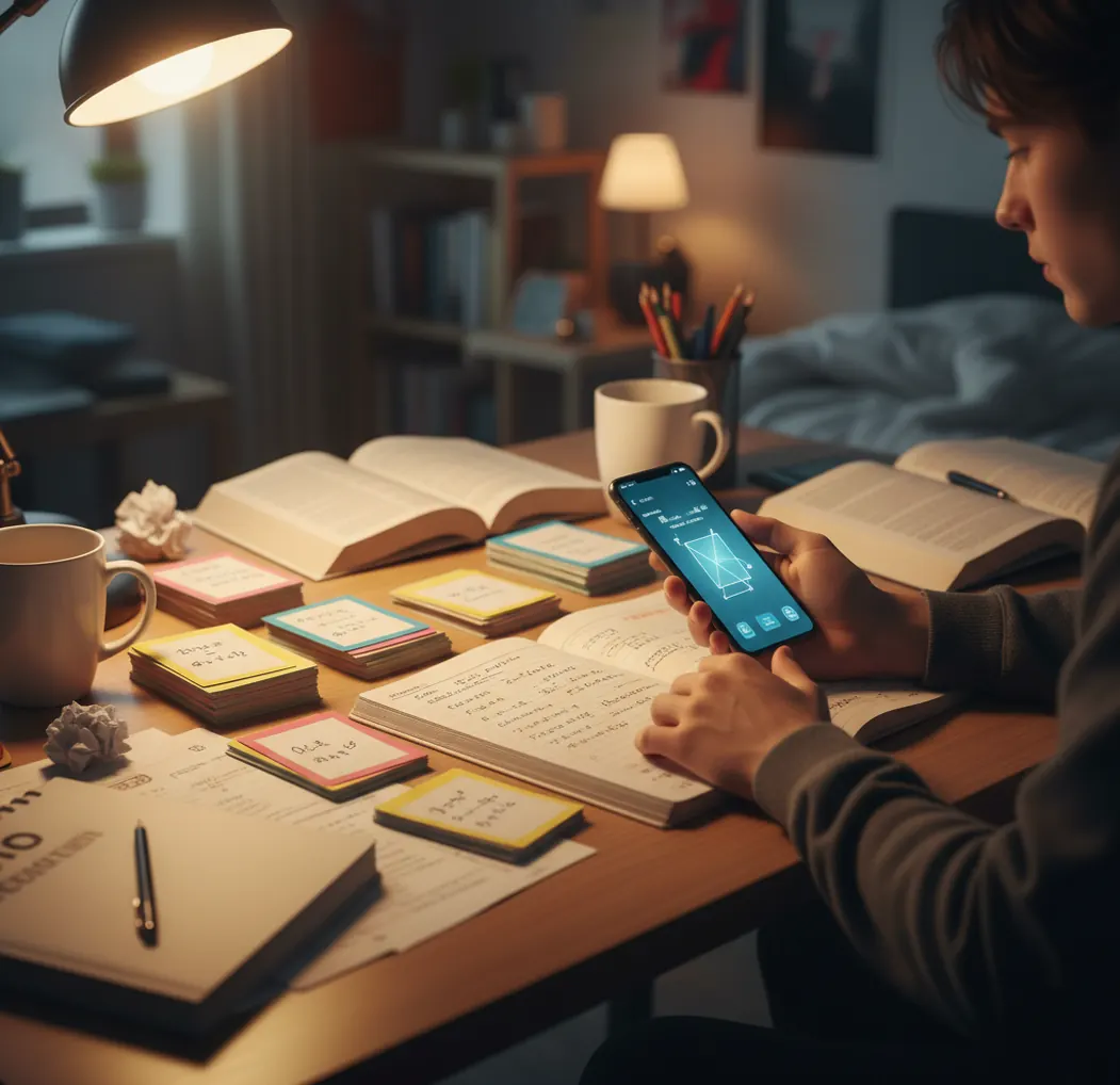 High school student checking homework steps on phone beside algebra notebook at desk