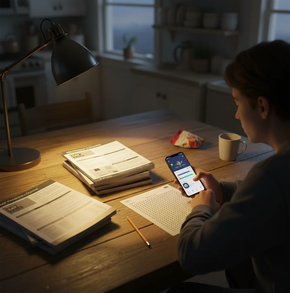 Student reviewing SAT math notes beside phone with practice timer and scratch paper