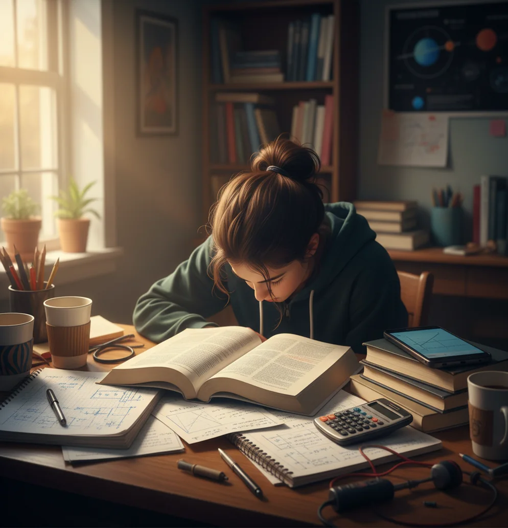 College student checking calculus notes beside a laptop, lab notebook, and phone on desk
