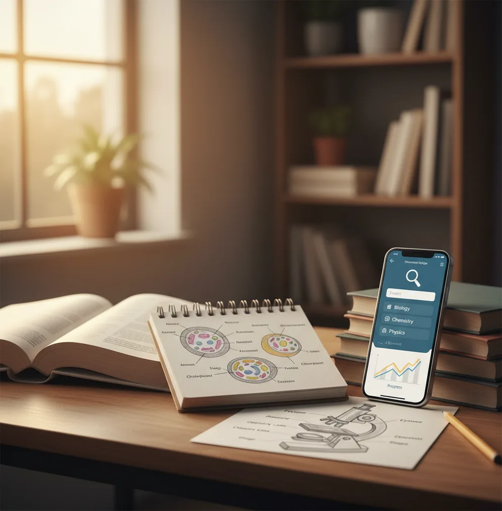 Student reviewing biology notes beside a phone showing a homework solver interface on desk