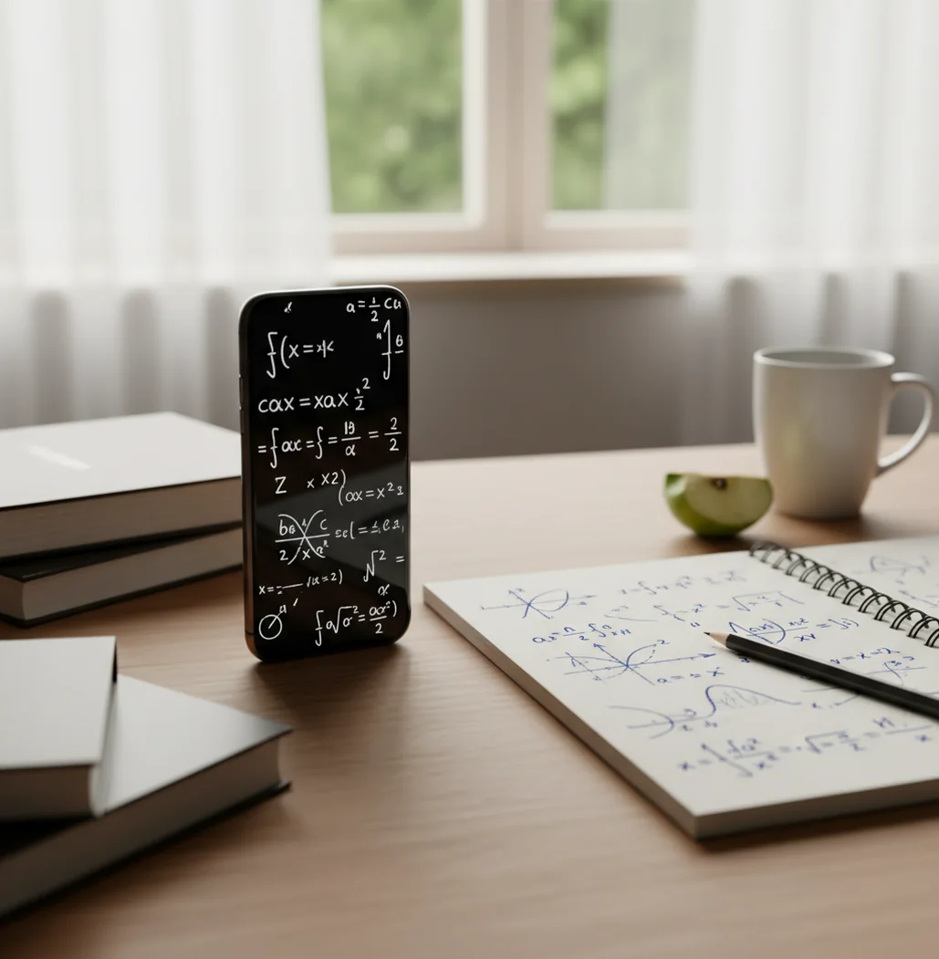 Student checking a calculus integral on a phone beside a notebook and graph paper
