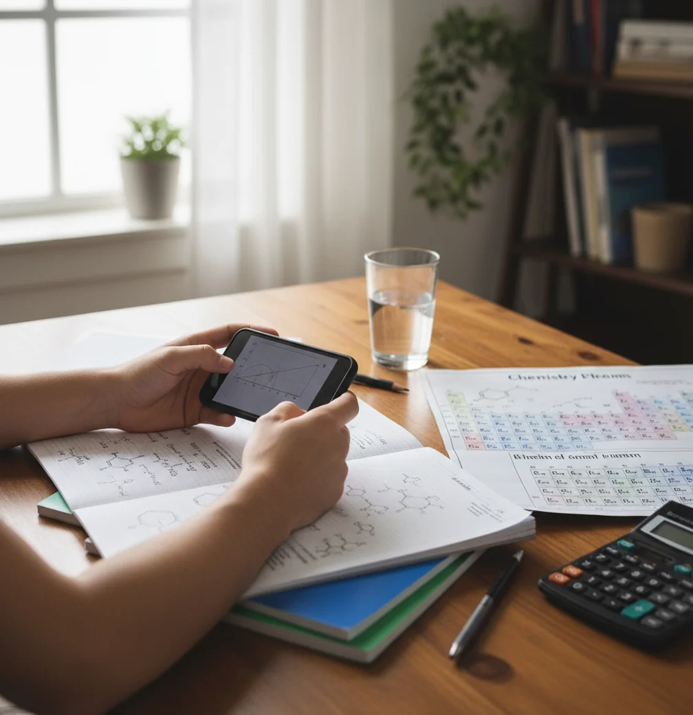 Student using a phone to scan a chemistry worksheet beside a periodic table