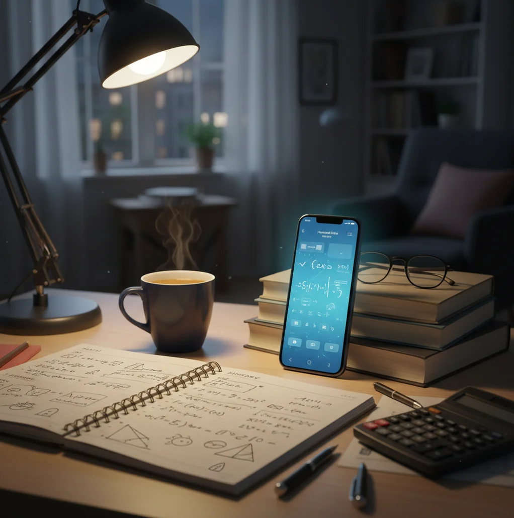 Student reviewing notes and solving homework on a phone beside a laptop