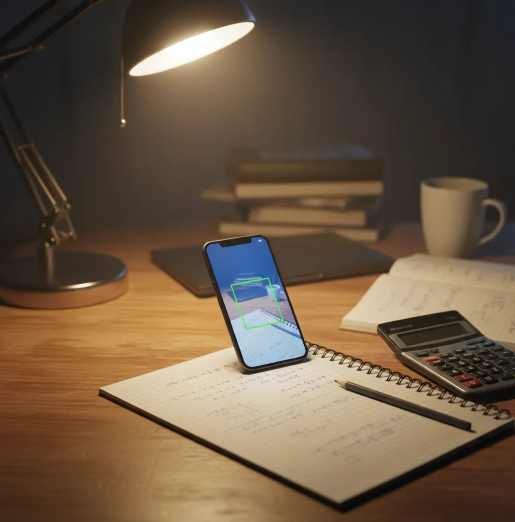 Student using a phone to solve homework beside notebooks and a calculator at night