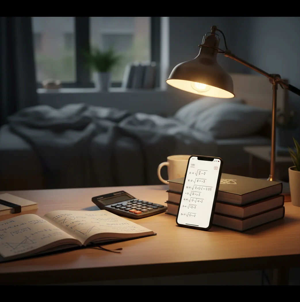 Student checking algebra steps on a phone with notebook open beside a laptop
