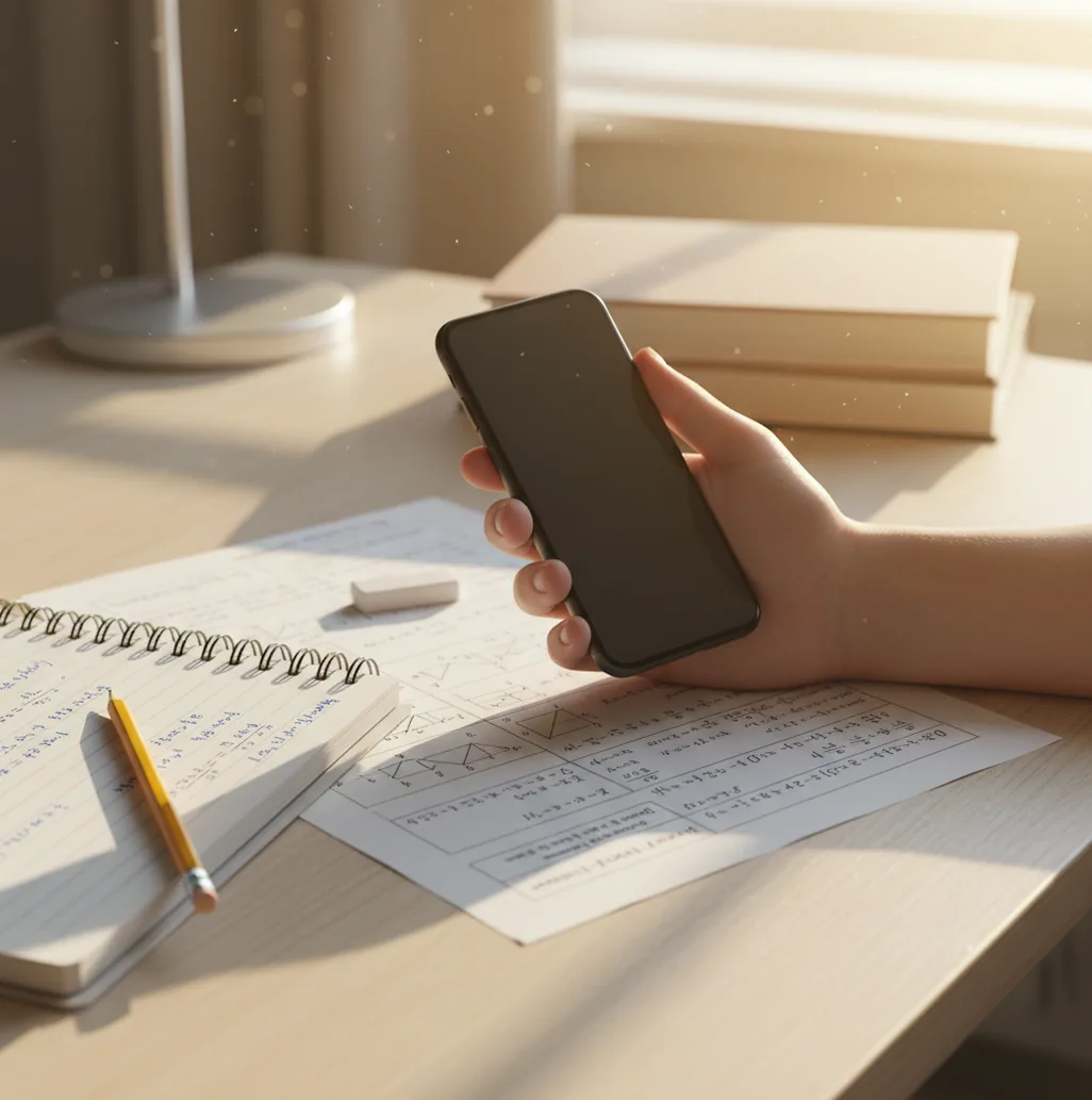 Student using a phone to scan a math worksheet beside a notebook and pencil