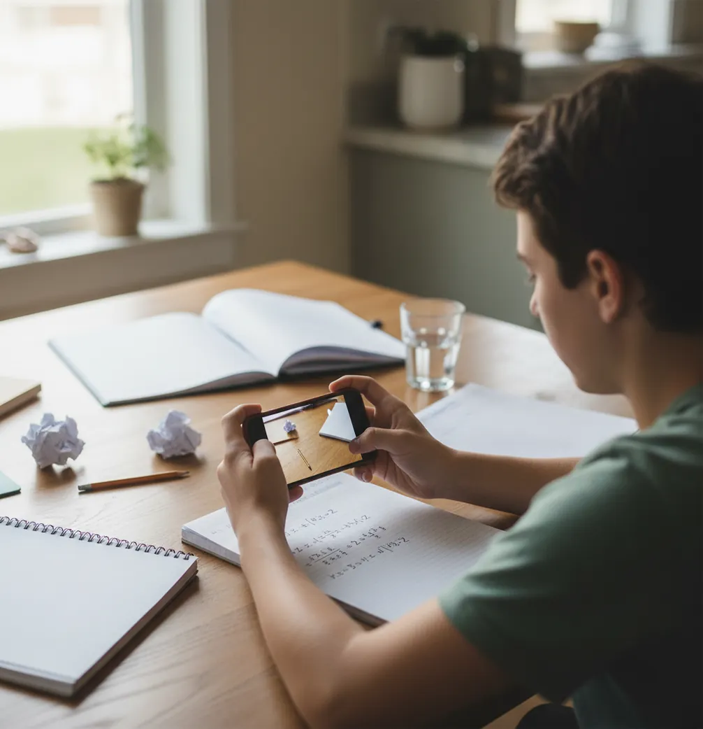 Student snapping a notebook equation with a phone to check steps and final answer