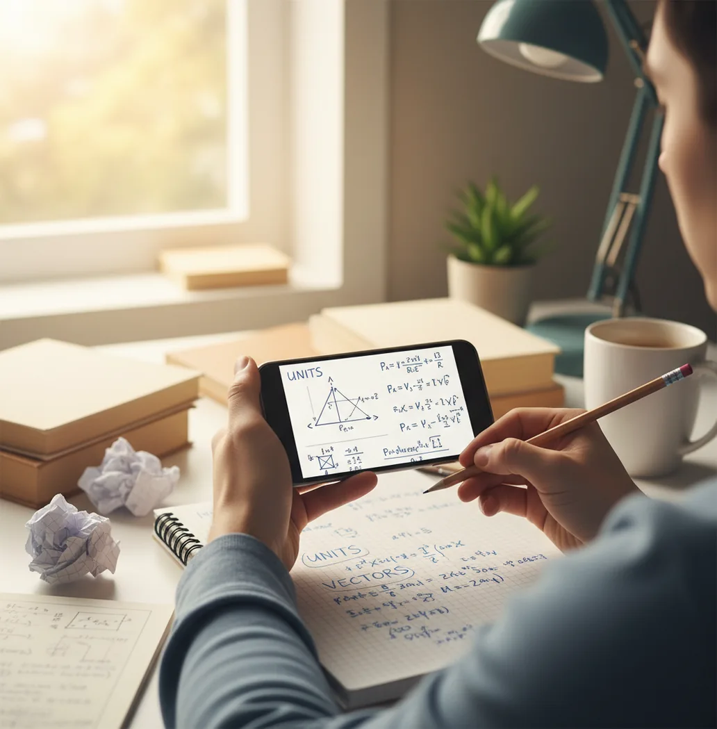 Student checking a free-body diagram on a phone beside a notebook and calculator