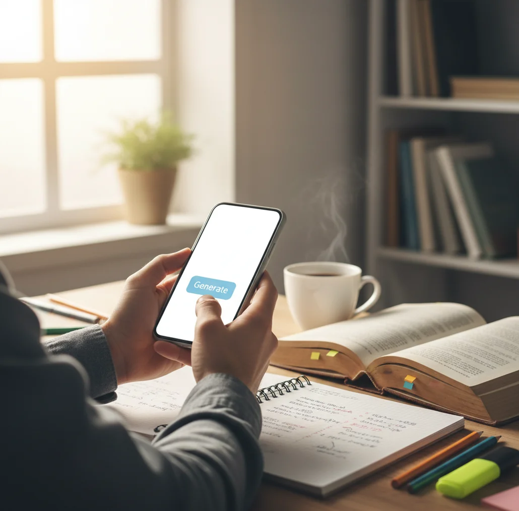 Student creating quiz questions from class notes on a phone at a desk