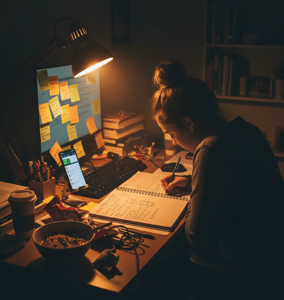 Student reviewing flashcards and practice problems on a phone beside open notebook