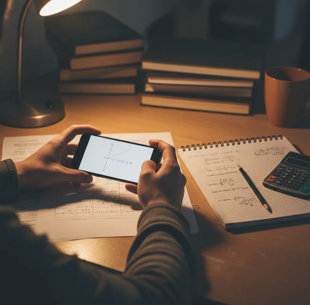 Student using a phone to scan algebra homework beside a notebook and calculator