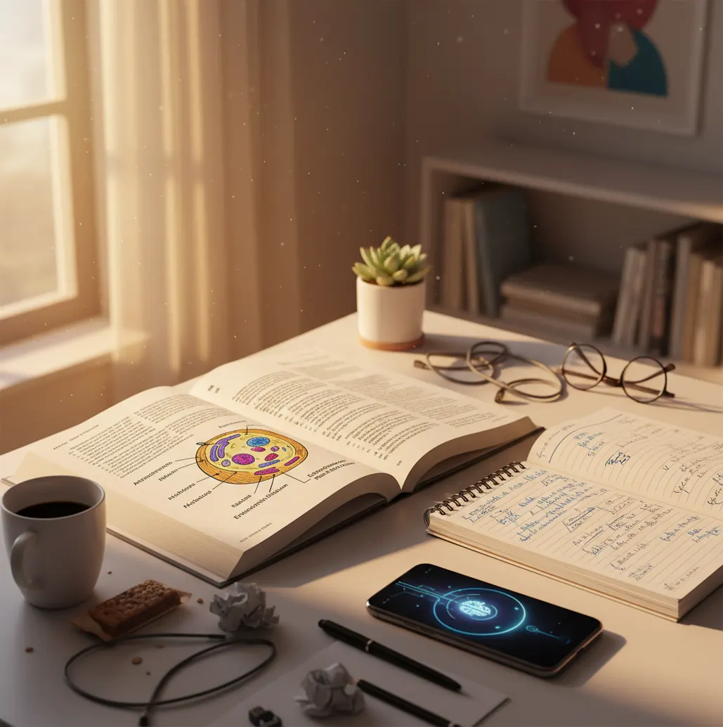 Student reviewing a cell diagram while using an AI app on a phone