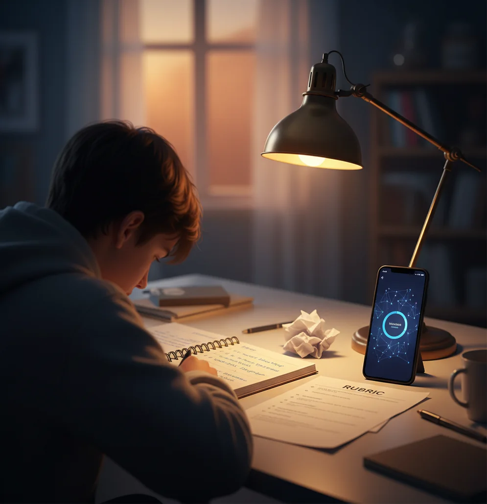 Student comparing AI-generated homework steps with notes and a graded rubric at night
