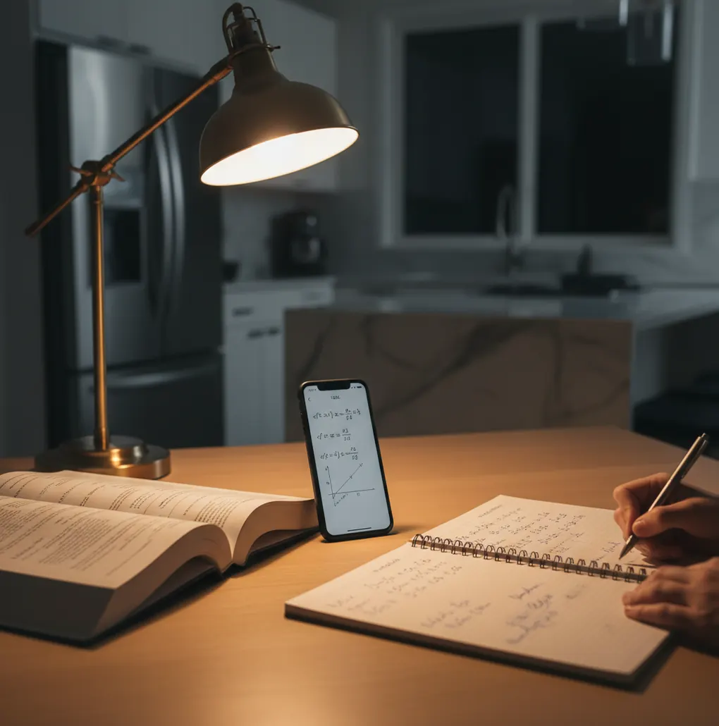 Student at kitchen table comparing AI explanation notes to a textbook problem set