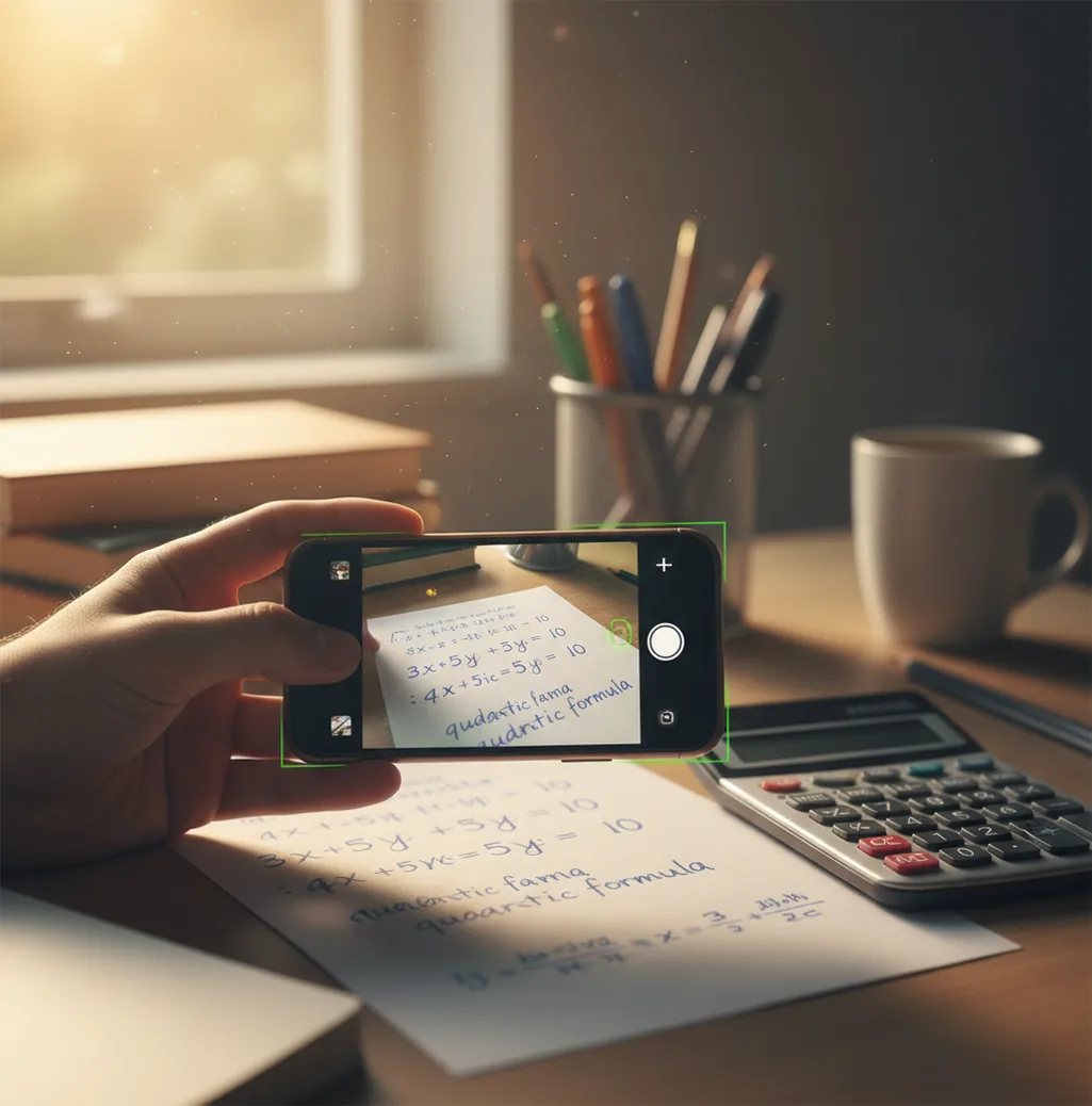Student photographing a math worksheet beside a notebook, testing an AI math solver result