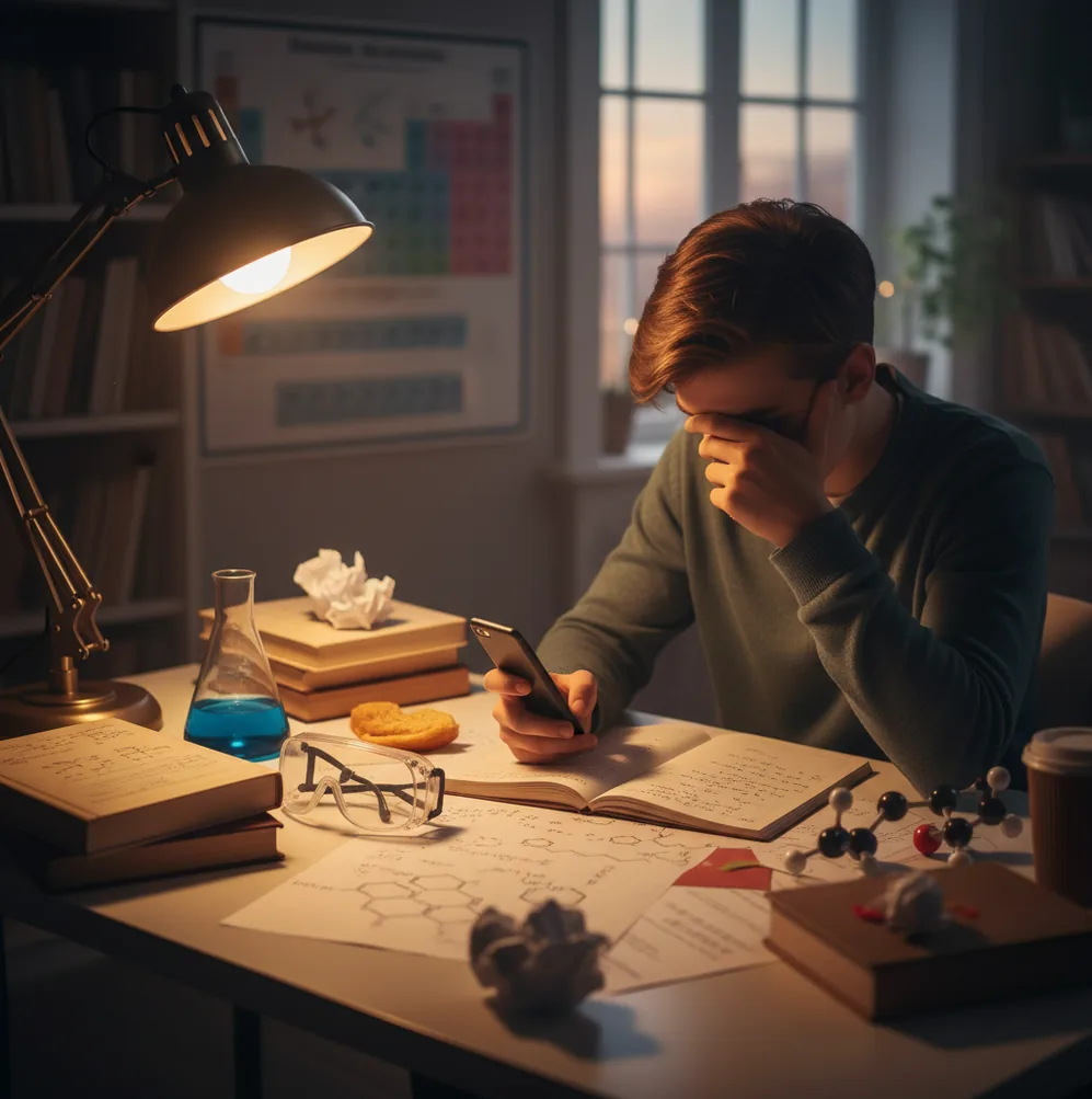 Student checking a handwritten chemistry problem beside a beaker and periodic table at desk
