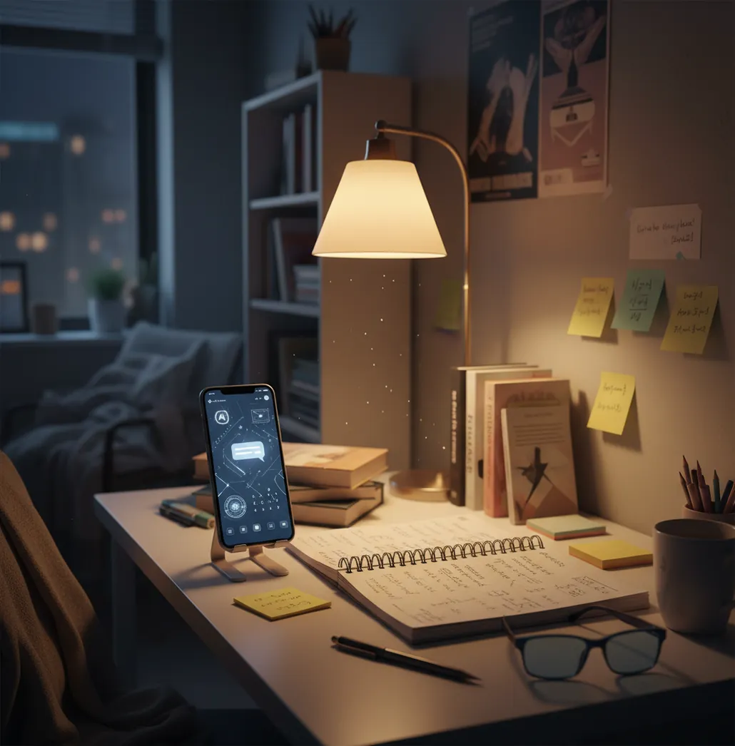 Student comparing AI study apps on phone beside notebook and half-finished problem set