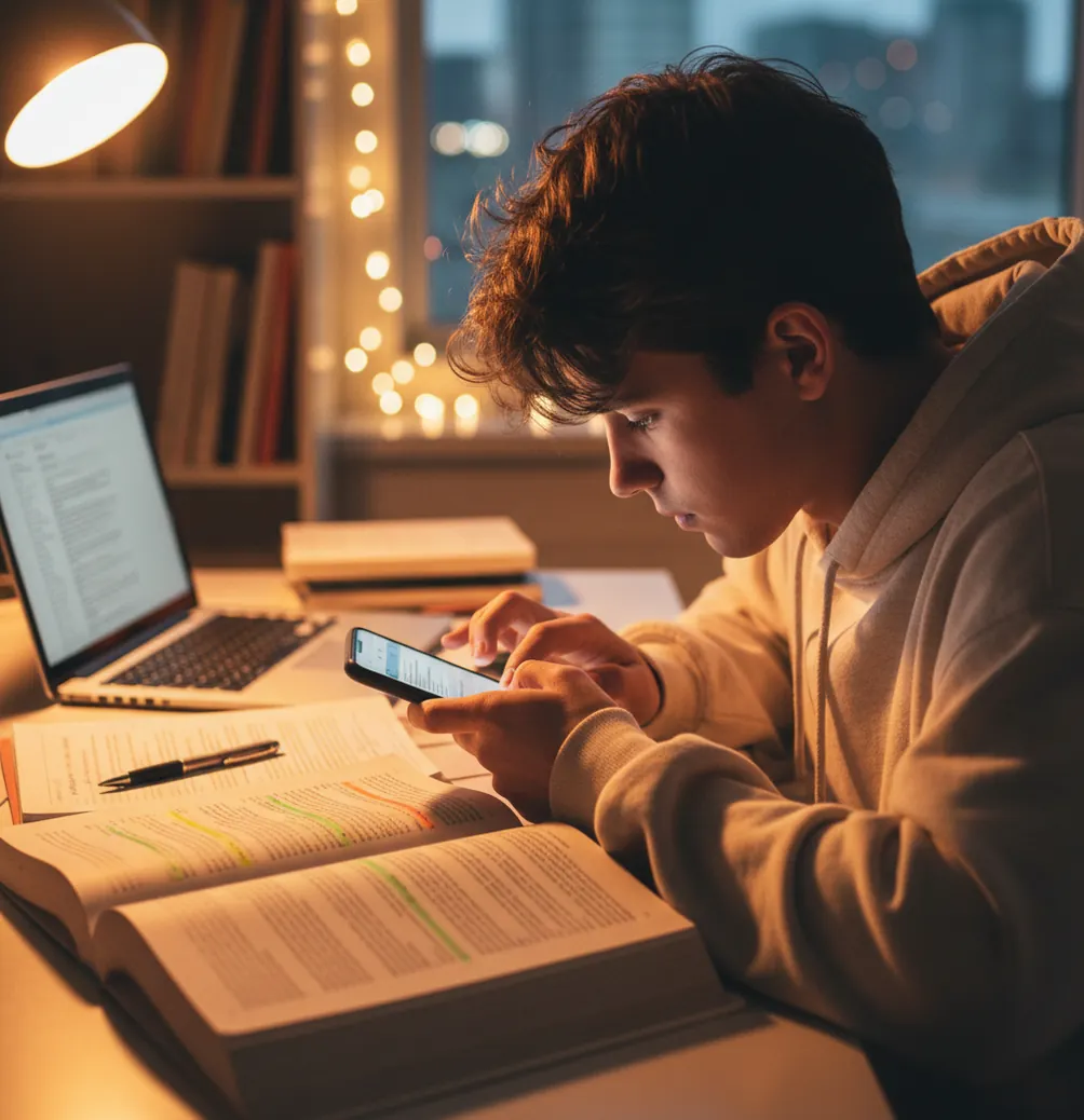 Student revising an essay draft on a phone with notes and a laptop nearby