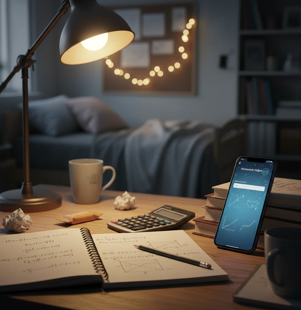 Student checking algebra steps on a phone beside a worn notebook and calculator