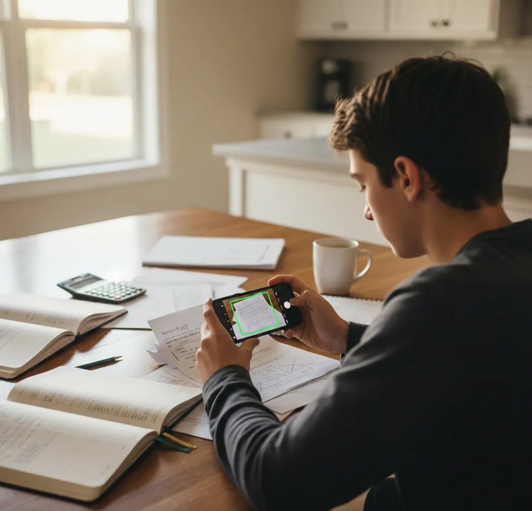 Student photographing a math worksheet on a desk beside a phone and notebook