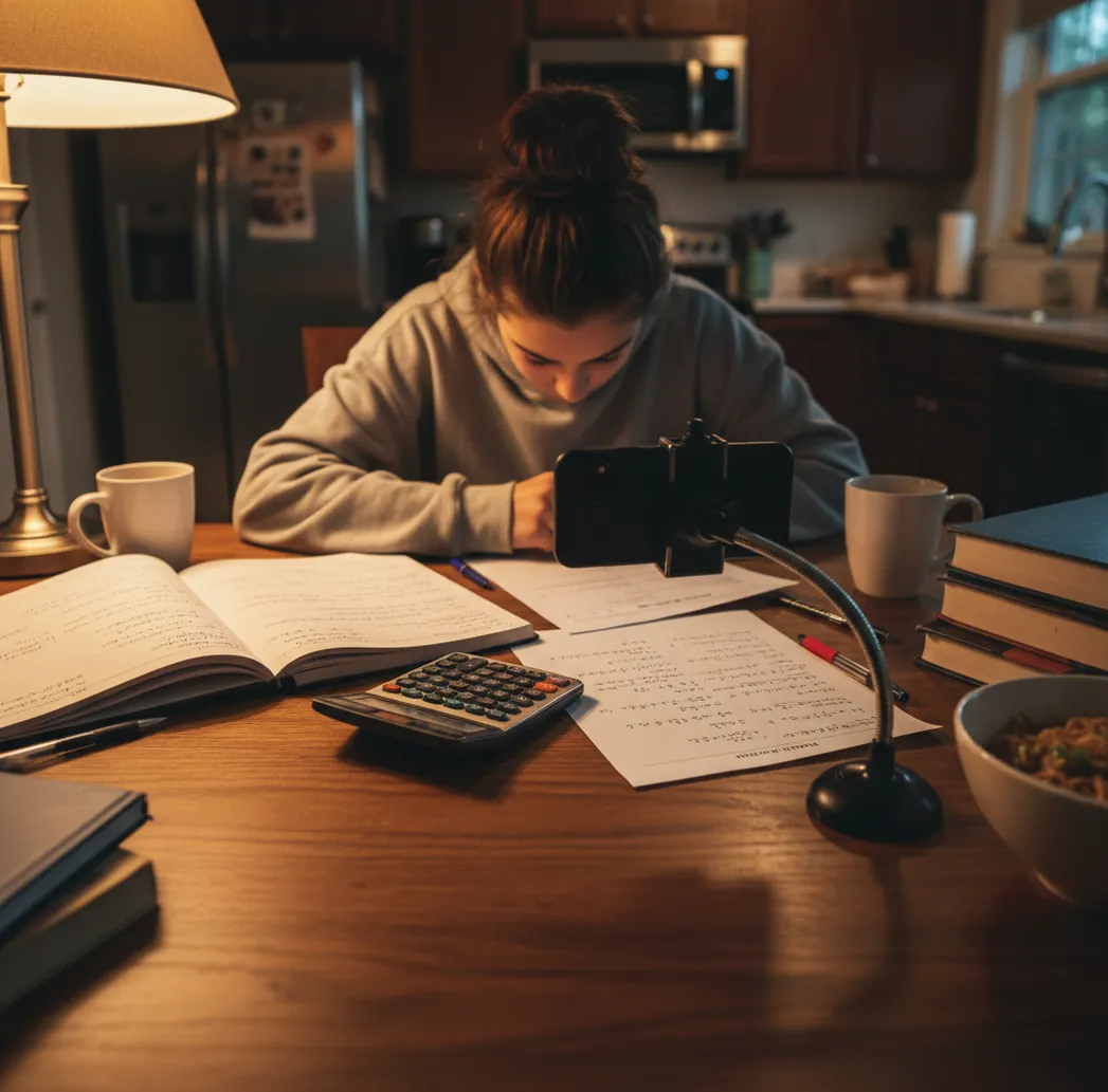 Student checking a notebook and phone while solving math problems at a kitchen table