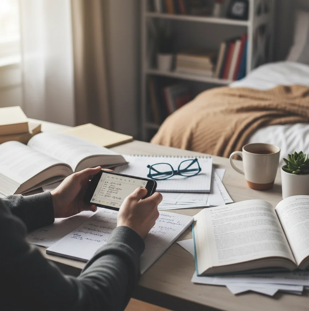 Student checking a math solution on phone while notes and textbook sit on desk