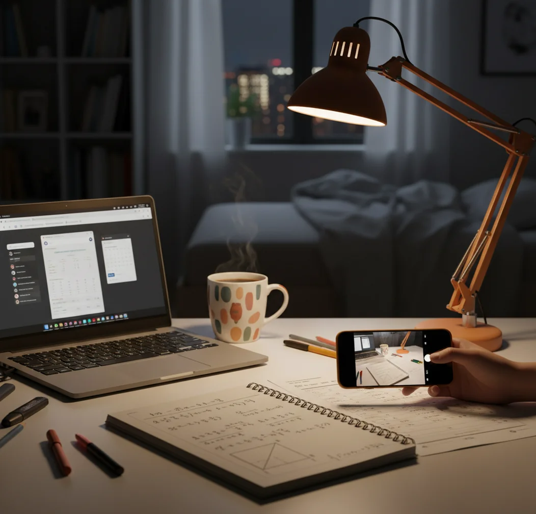Student comparing two homework helper apps on phone and laptop at a desk