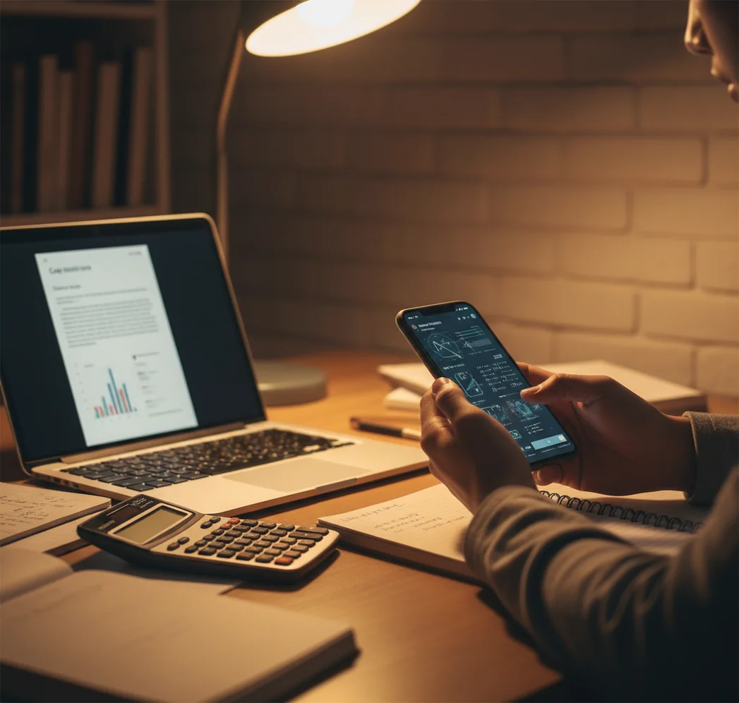 Student comparing a homework solver app and a study notes website on a phone