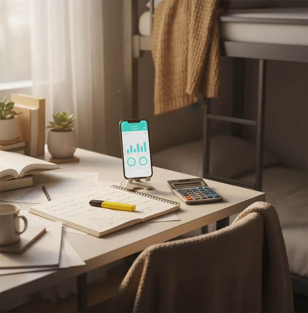 Student comparing two study apps on a phone beside notebook, calculator, and sticky notes.