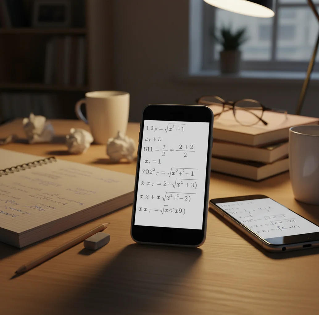 Student comparing two homework apps on a phone with notebook and calculator nearby
