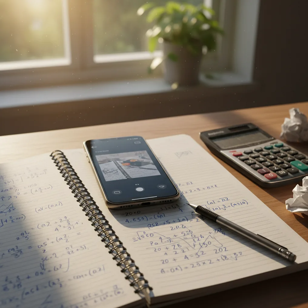 Student checking a math solution on a phone beside a notebook and calculator