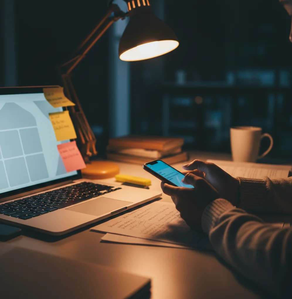 Student comparing flashcards and photo homework help apps at a desk with notebook