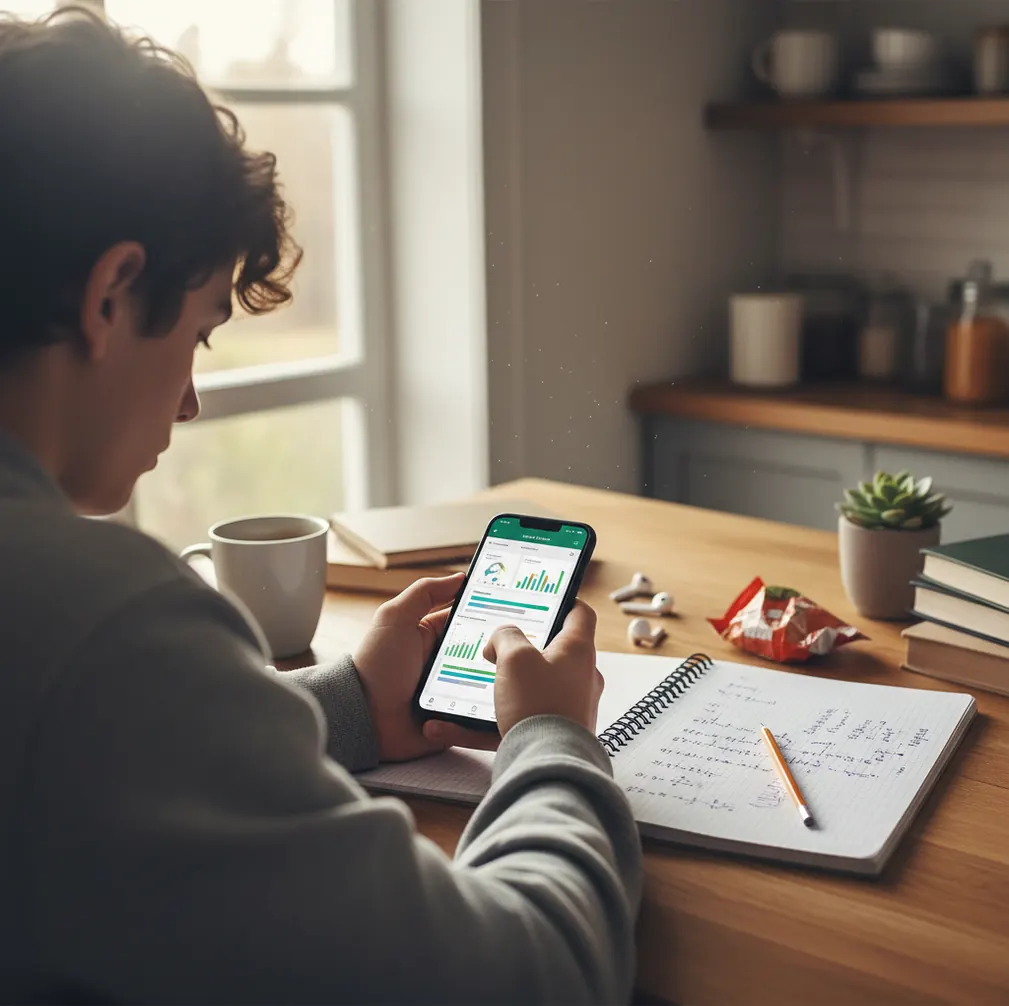 Student comparing a homework helper app and a Google learning app at a desk