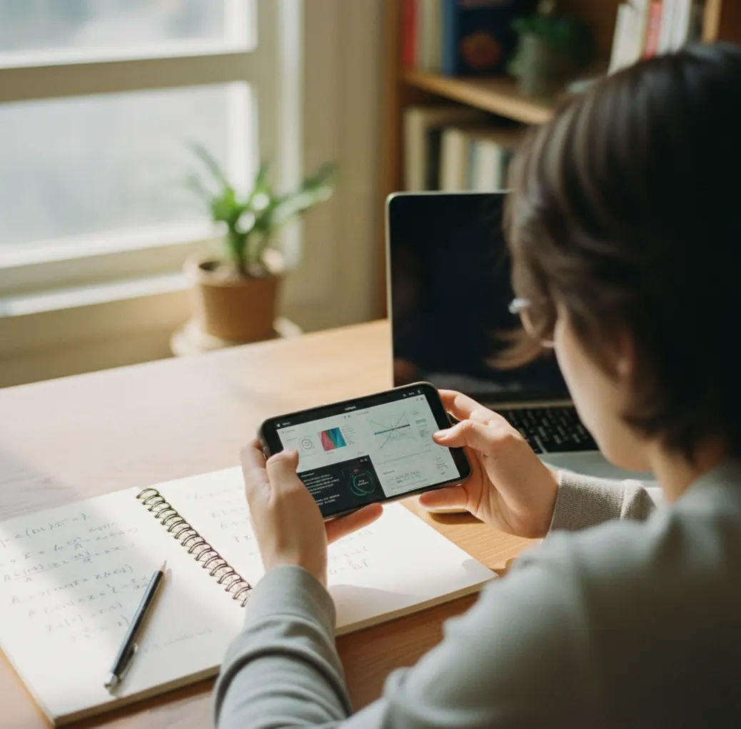 Student comparing two math solver apps on a phone beside a notebook