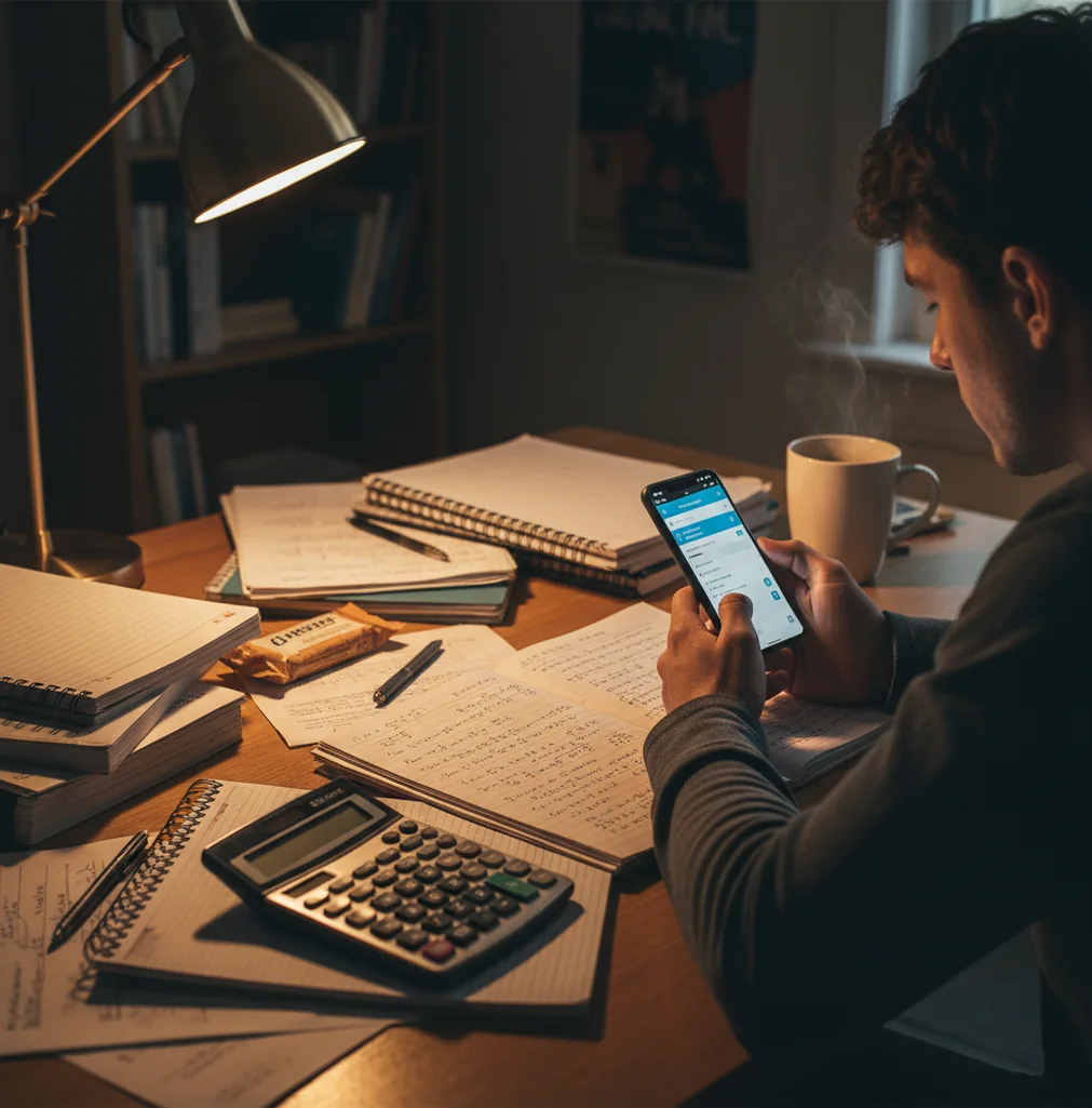 Student checking an AI math solution against notebook steps beside a calculator.