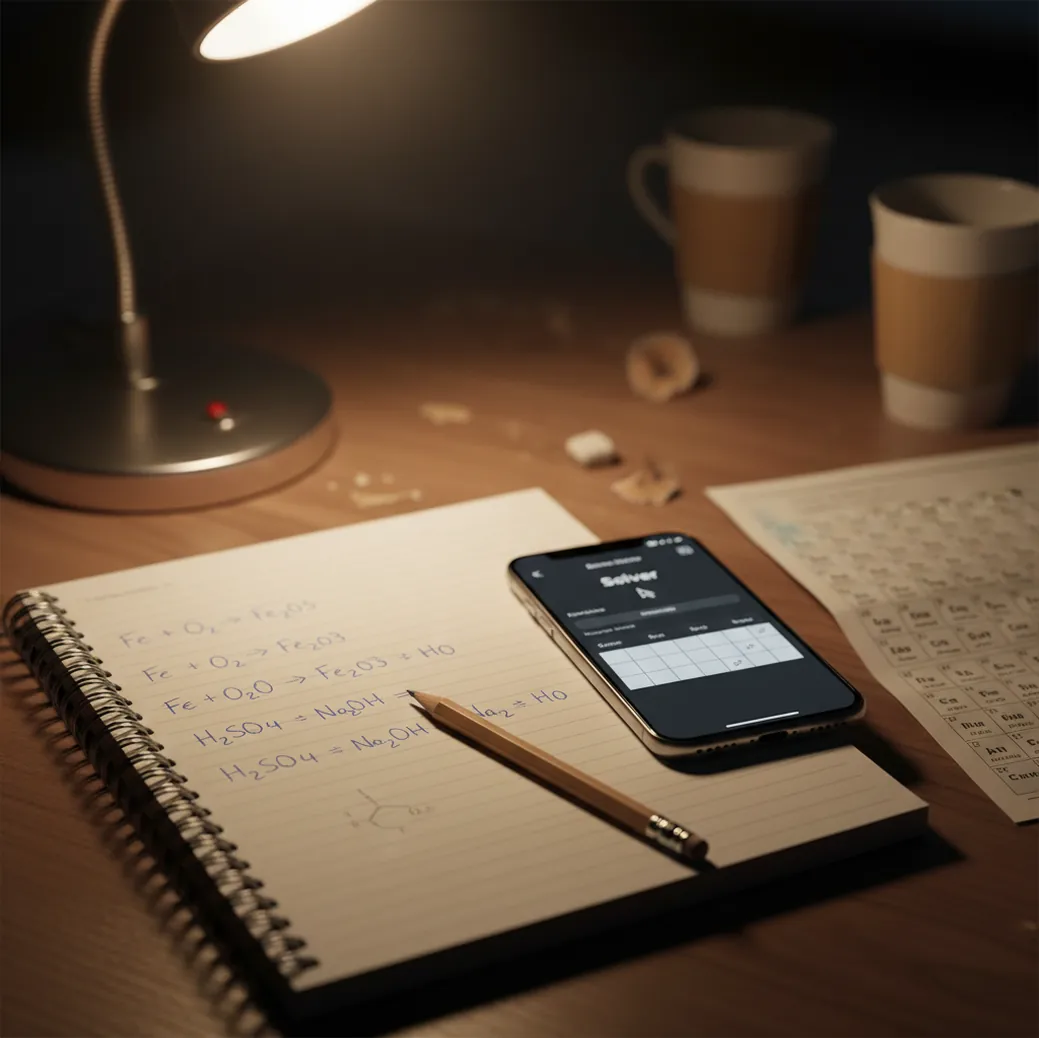 Student checking coefficients on a chemistry worksheet beside a phone and beaker set