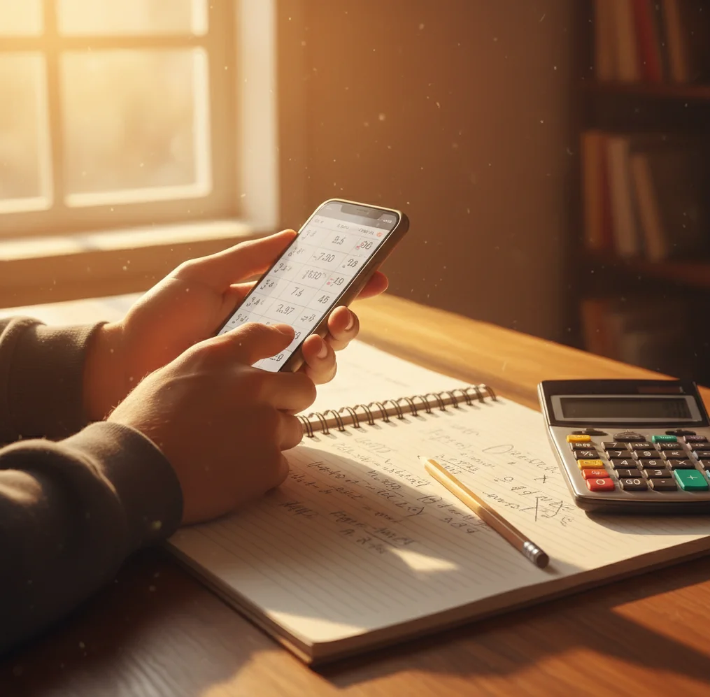Student double-checking homework with an AI app beside a notebook and calculator