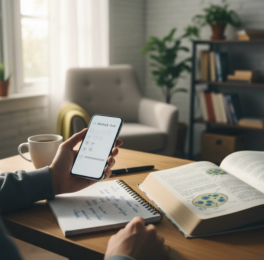 Student turning class notes into a practice quiz on a phone at a desk
