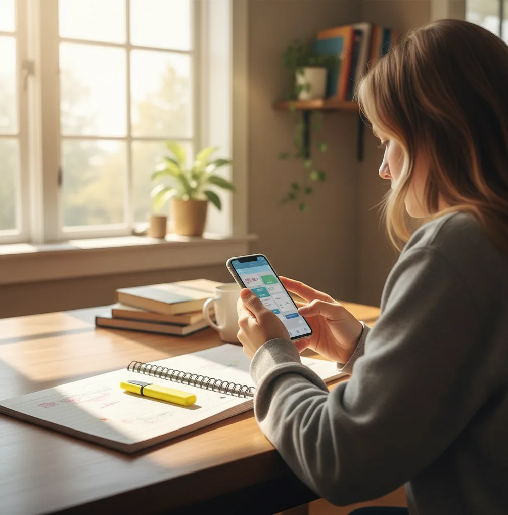 Student building a custom practice quiz on a phone beside open notes.