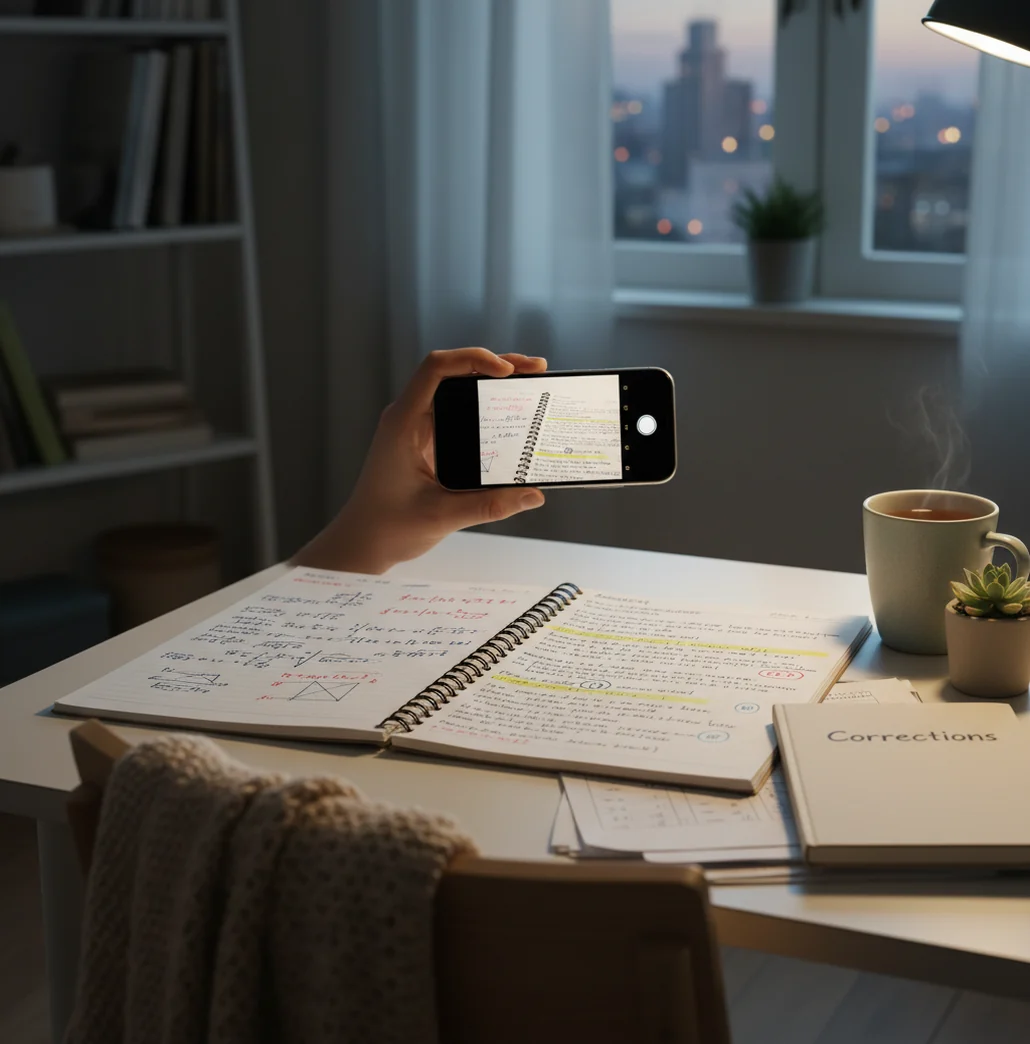 Student photographing a worksheet at a desk, checking AI explanation on a phone