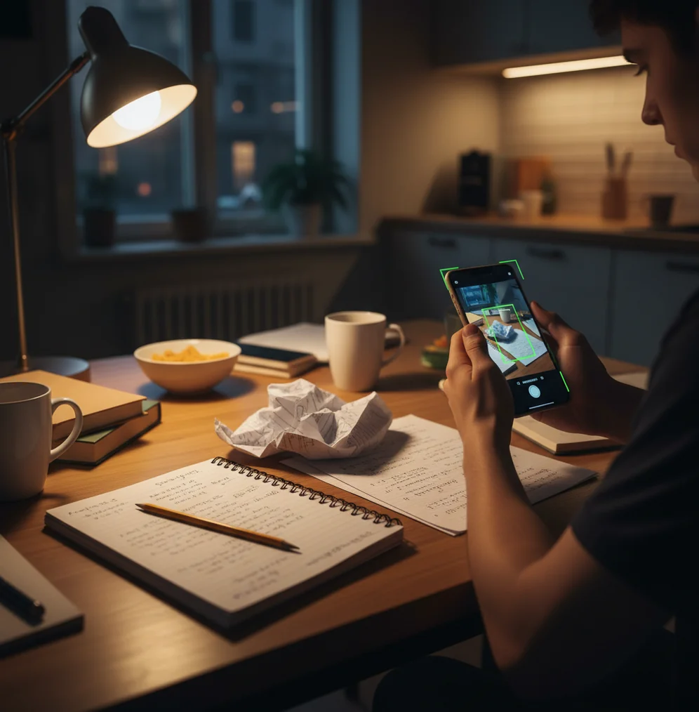 Student using a phone to scan homework while notes and calculator sit nearby