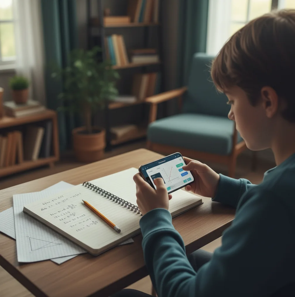 Student using an AI math app on phone while checking steps in a notebook